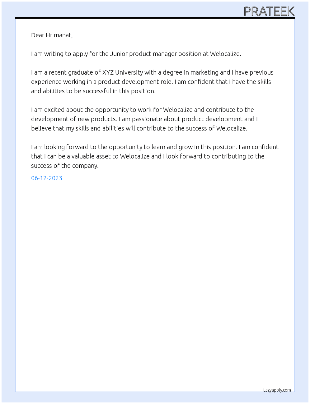 Junior product manager  At Welocalize Cover Letter