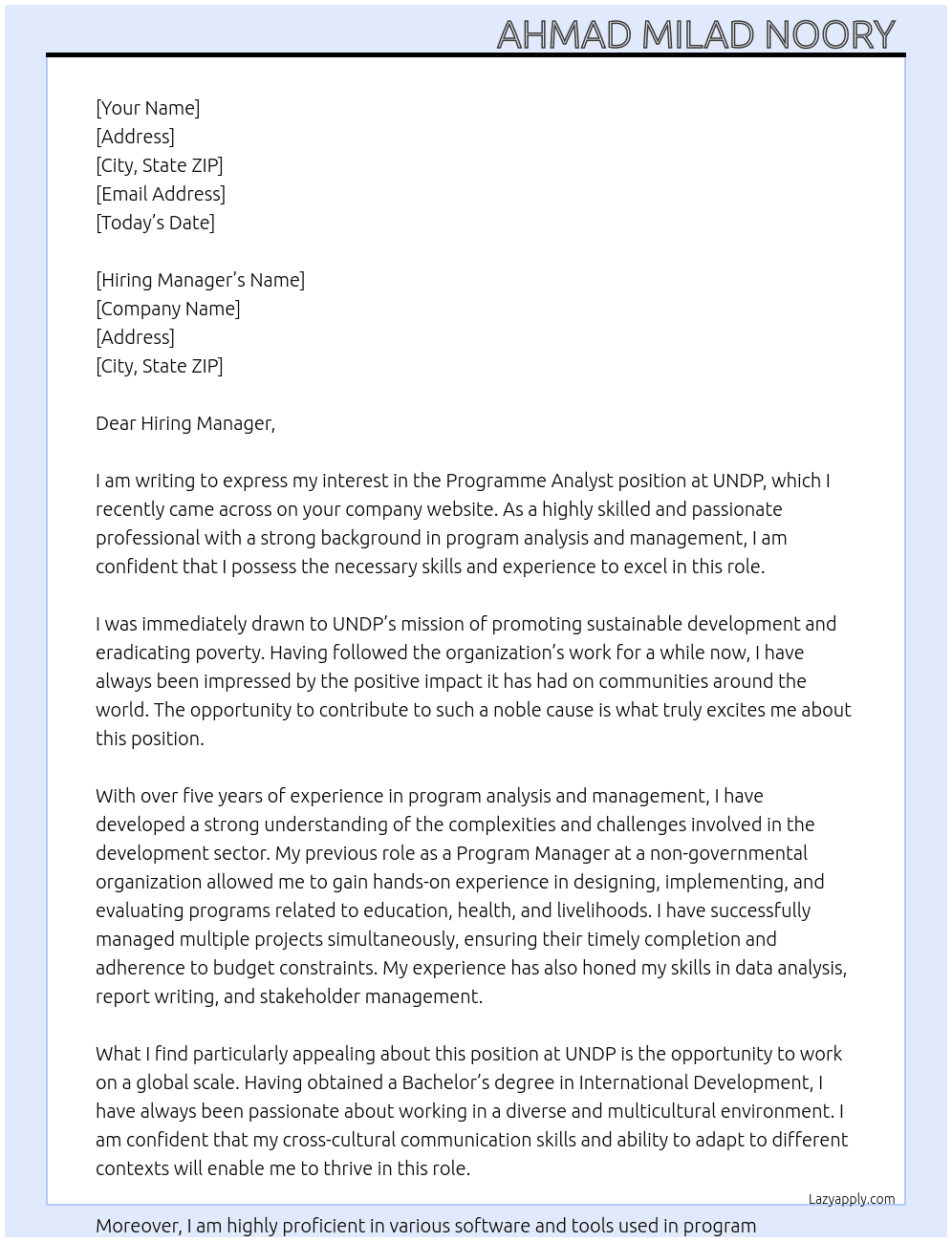 Cover letter for programme analyst - LazyApply