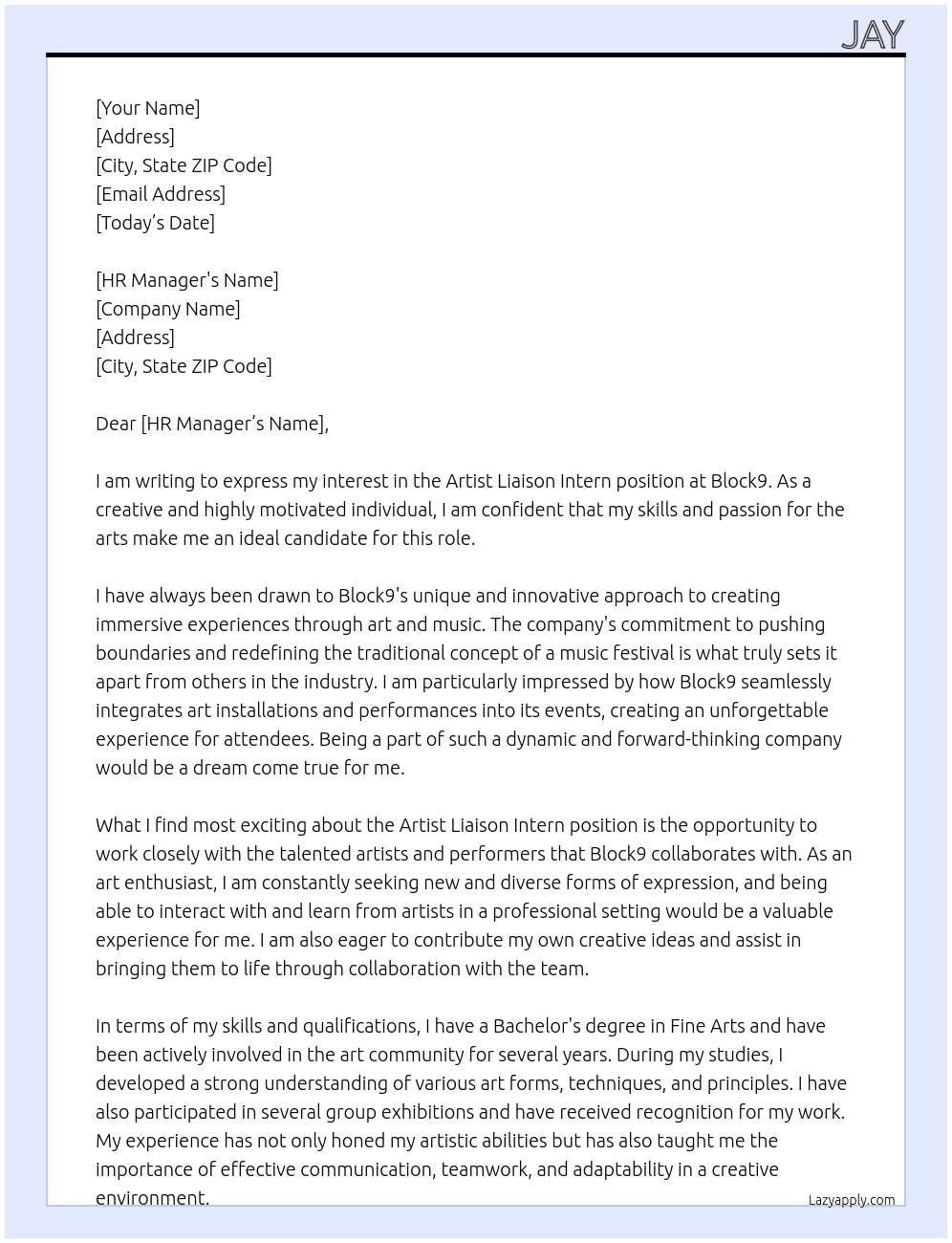 artist lieson intern At Block9 Cover Letter