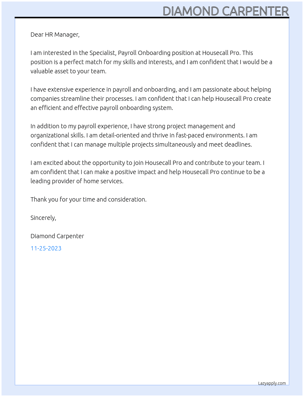 Specialist, Payroll Onboarding At Housecall Pro Cover Letter