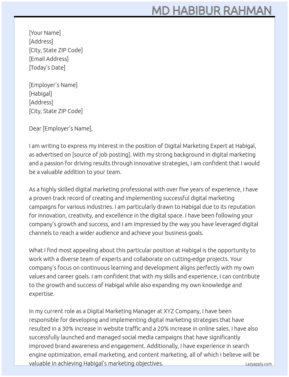 Digital marketing expert  At Habigal  Cover Letter
