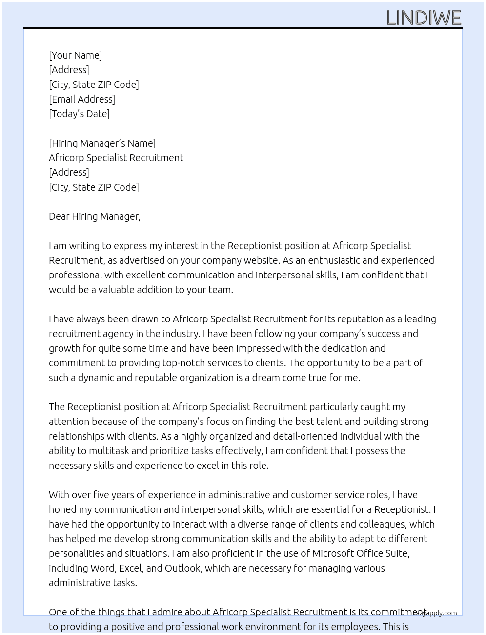 Receptionist At Africorp Specialist Recruitment Cover Letter
