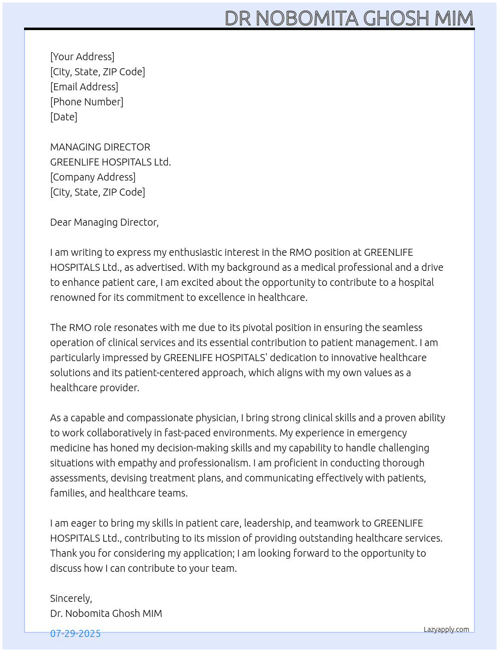 RMO At GREENLIFE HOSPITALS Ltd. Cover Letter