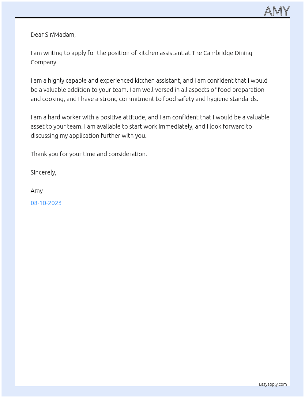 kitchen assistant At the cambridge dining company Cover Letter