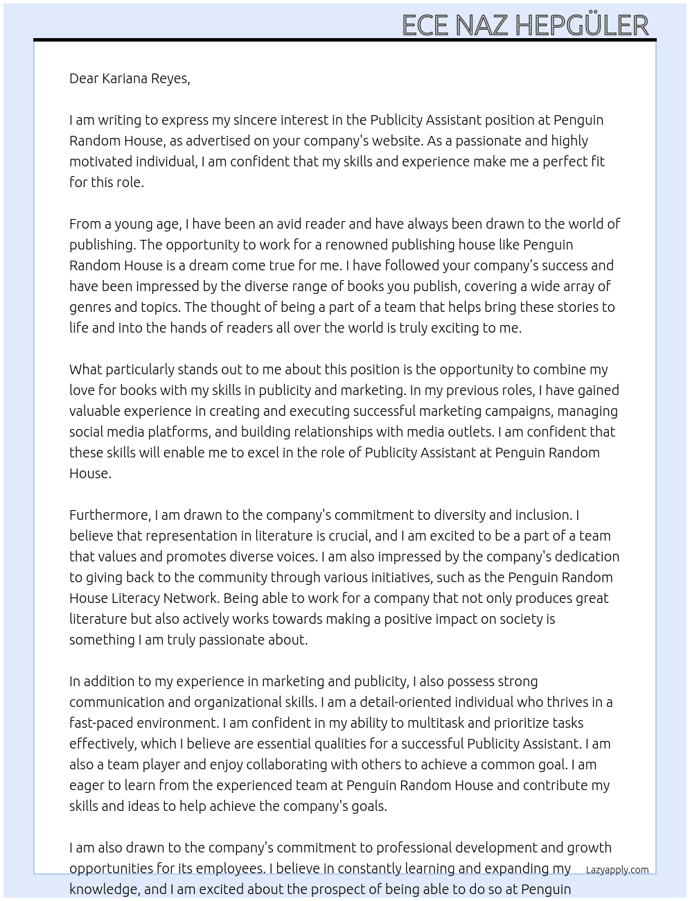 Publicity Assistant  At Penguin Random House Cover Letter