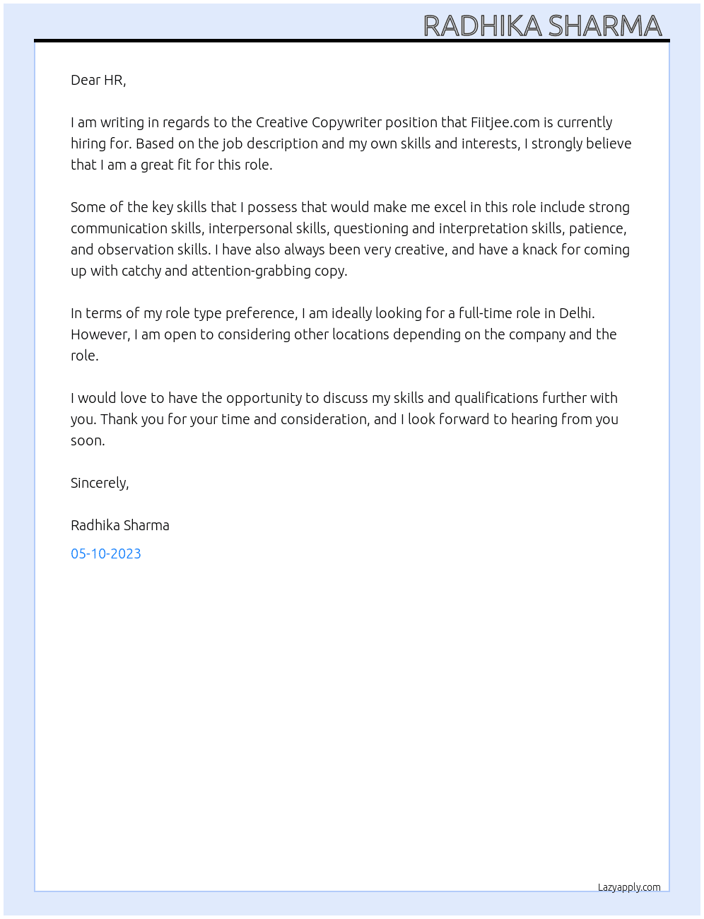 Creative Copywriter  At Fiitjee.com Cover Letter