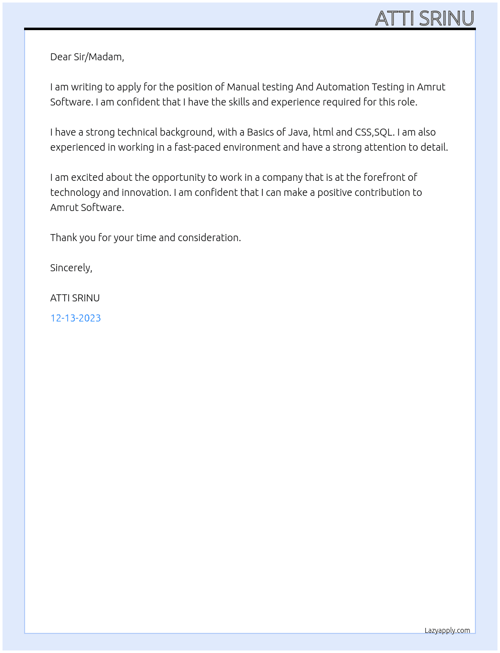 Manual testing And Automation Testing  At Amrut Software  Cover Letter