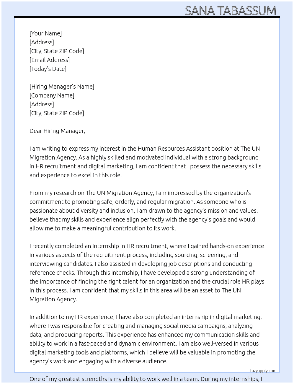 Human Resources Assistant  At The UN Migration Agency  Cover Letter