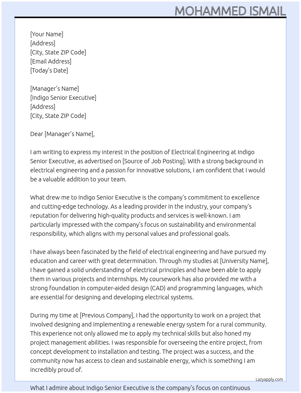 Electrical engineering  At Indigo senior executive  Cover Letter