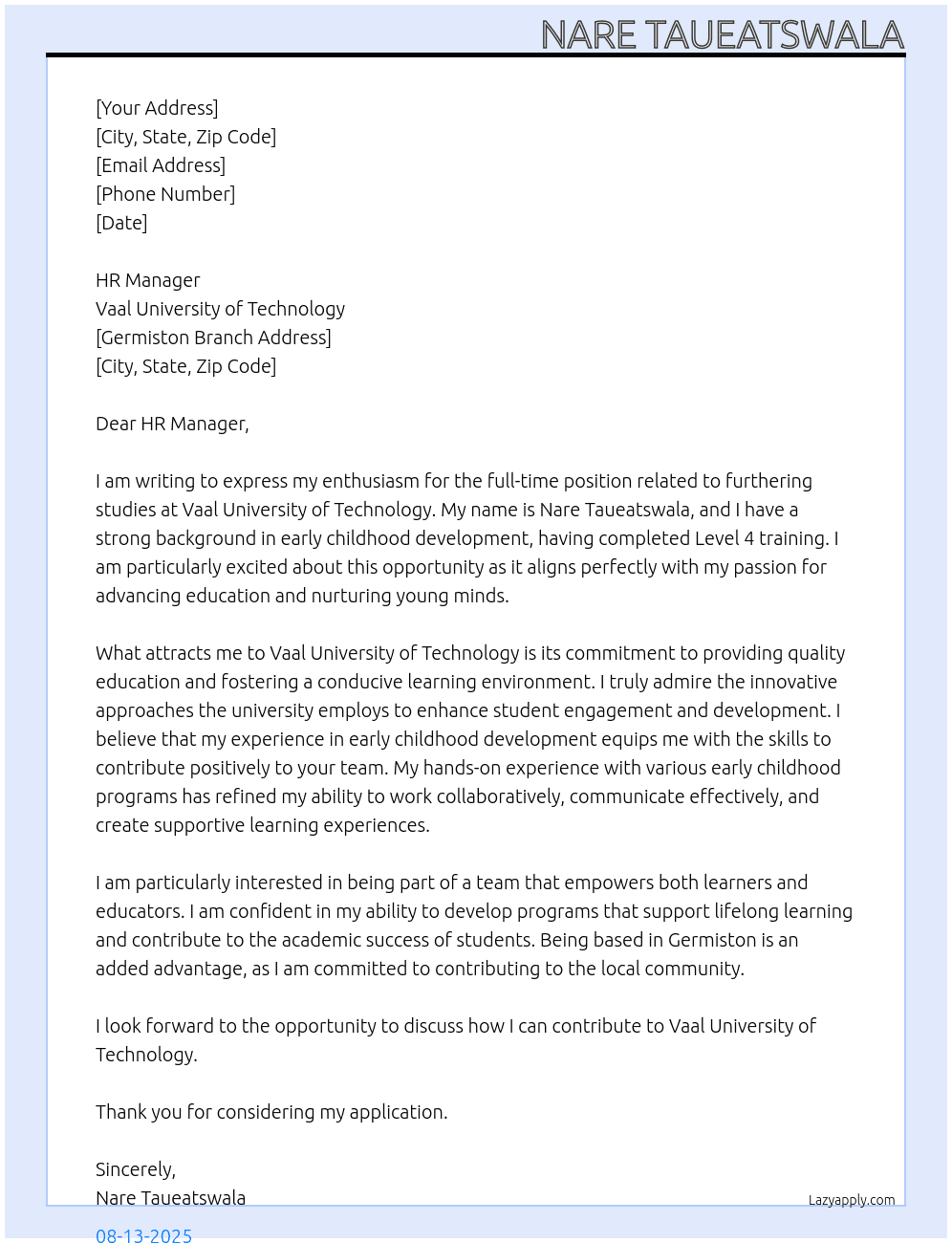 furthering studies At vaal university of technology Cover Letter