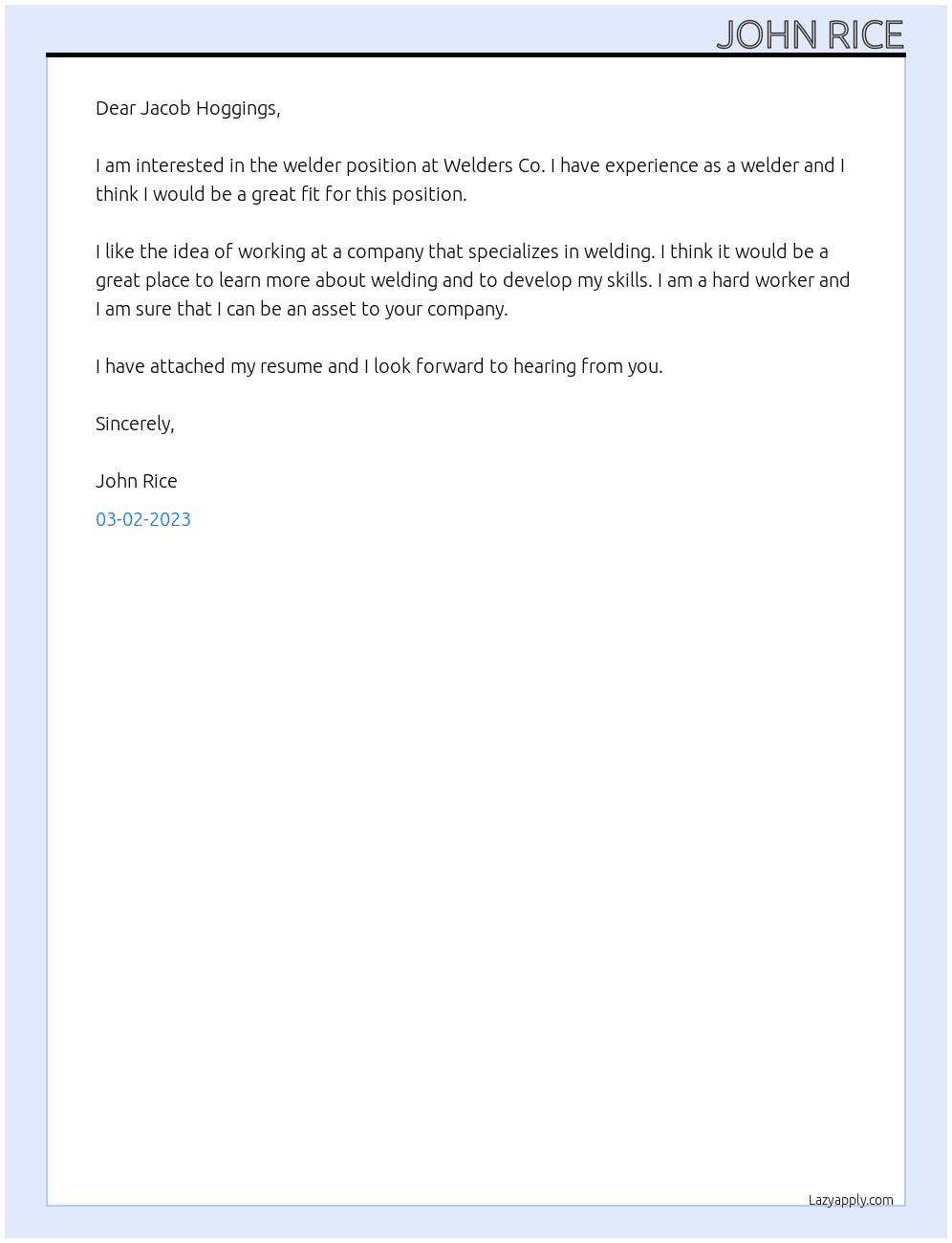 Welder At Welders Co. Cover Letter