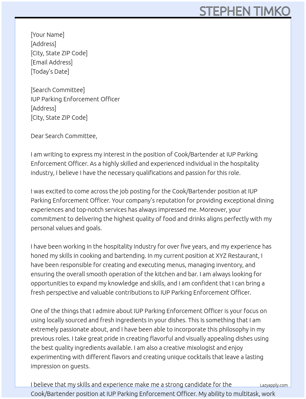 Cook/Bartender At IUP Parking Enforcement Officer Cover Letter
