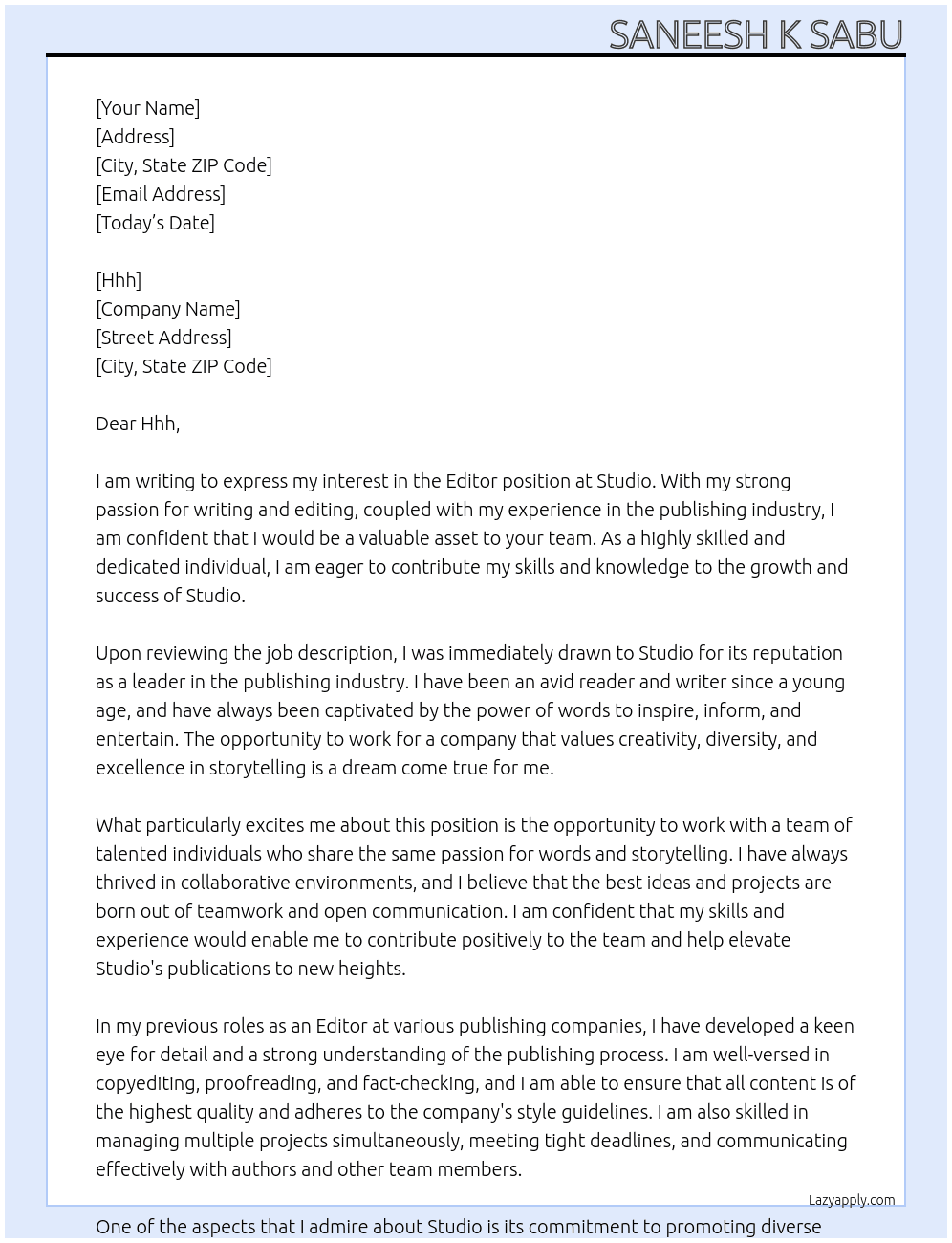 Editor  At Studio  Cover Letter