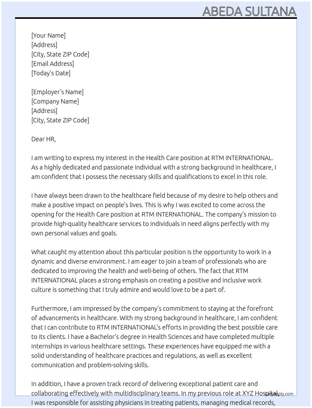 Health Care At RTM INTERNATIONAL Cover Letter