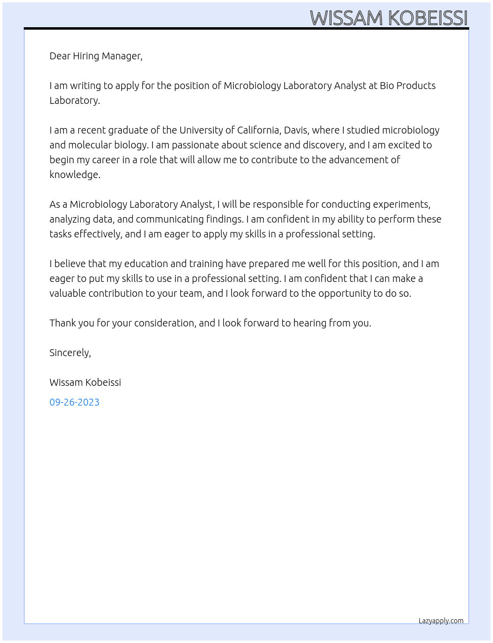 Microbiology Laboratory Analyst At Bio Products Labratory Cover Letter