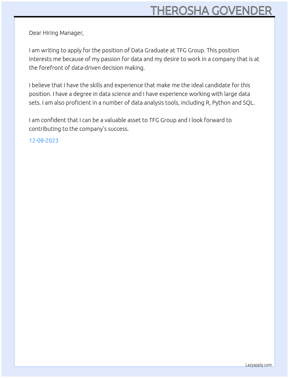 Data Graduate  At TFG Group Cover Letter