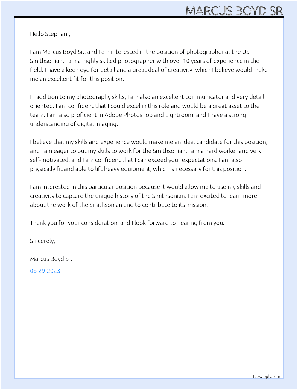 Photographer At US Smithsonian Cover Letter