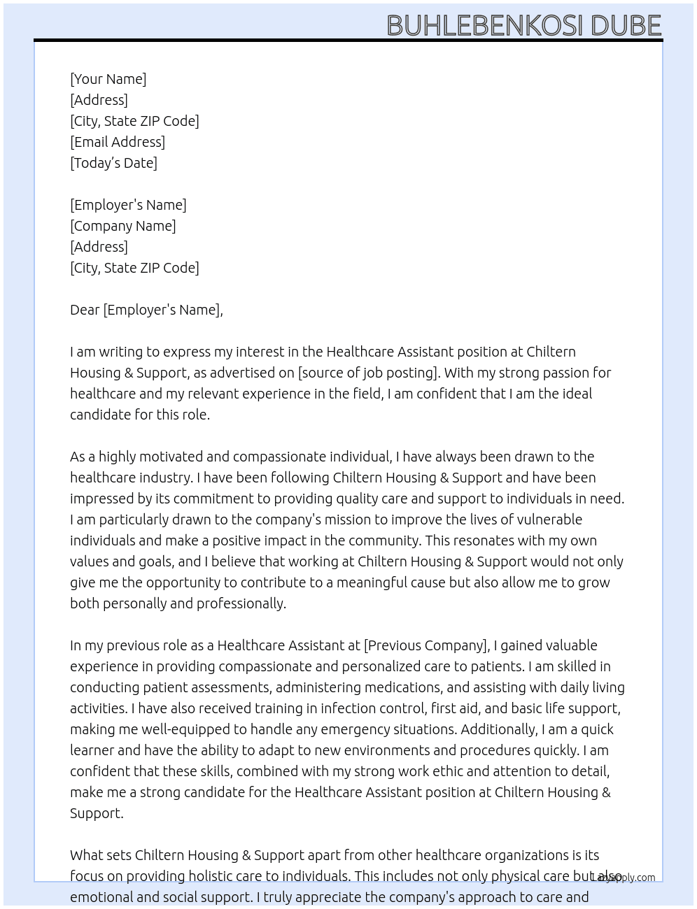 Healthcare Assistant  At Buhlebenkosi Dube Cover Letter
