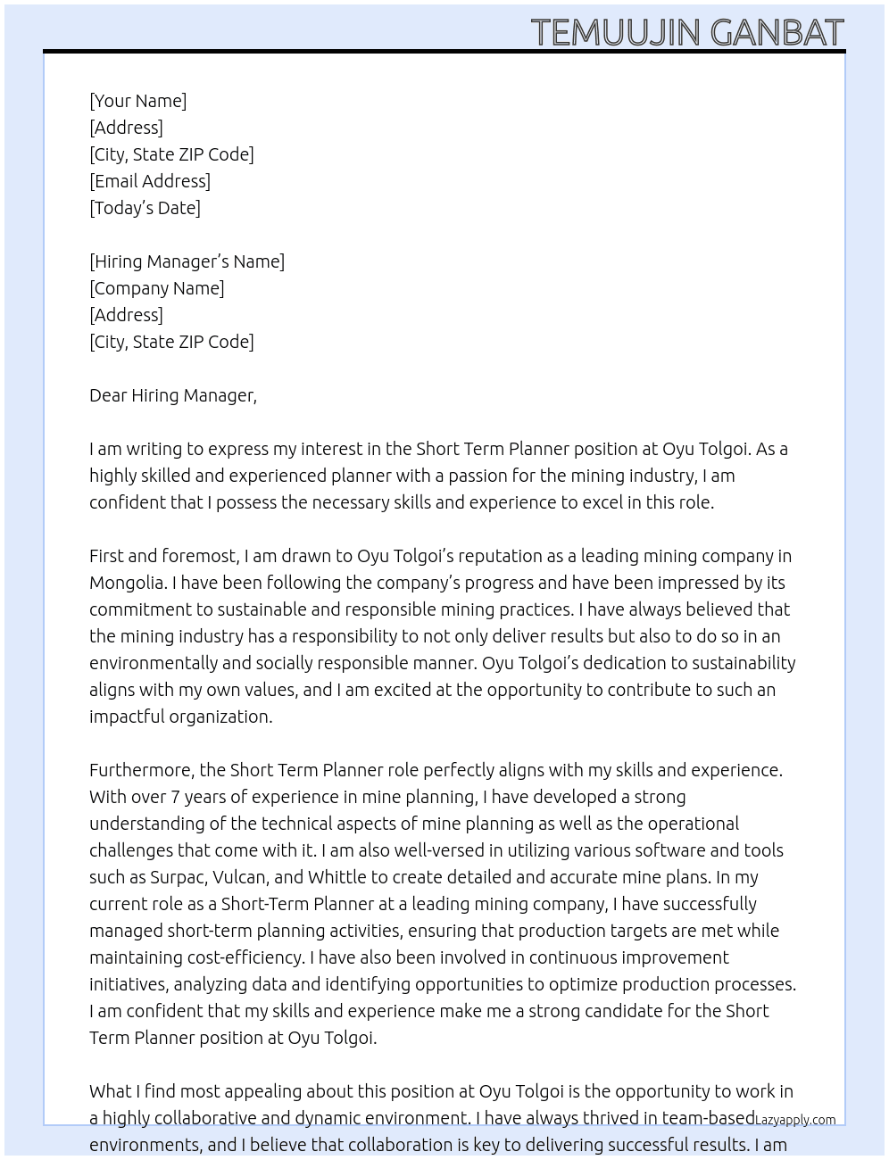 Short Term Planner At Oyu Tolgoi Cover Letter