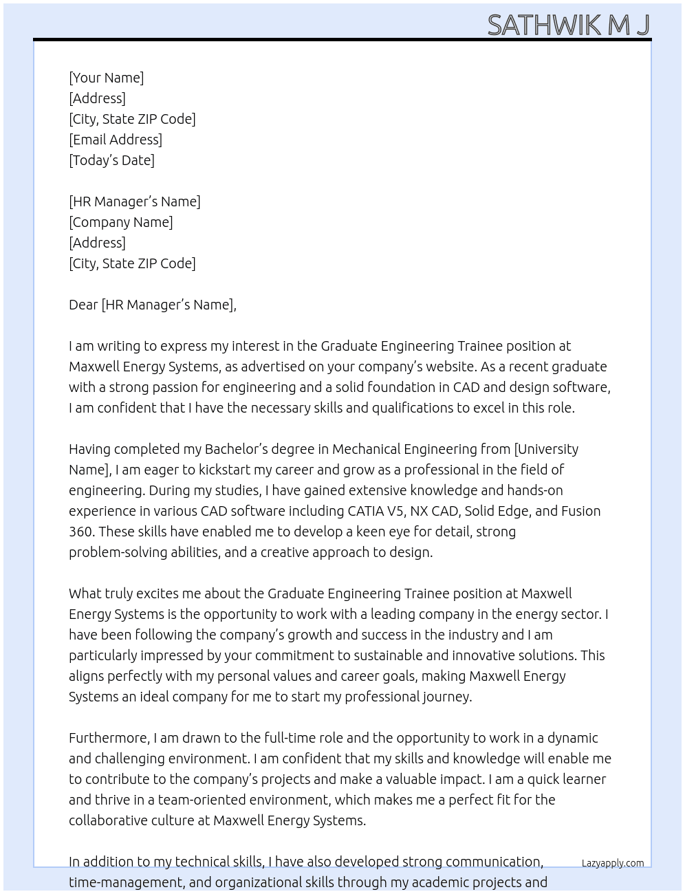 Graduate Engineering trainee At Maxwell Energy Systems Cover Letter