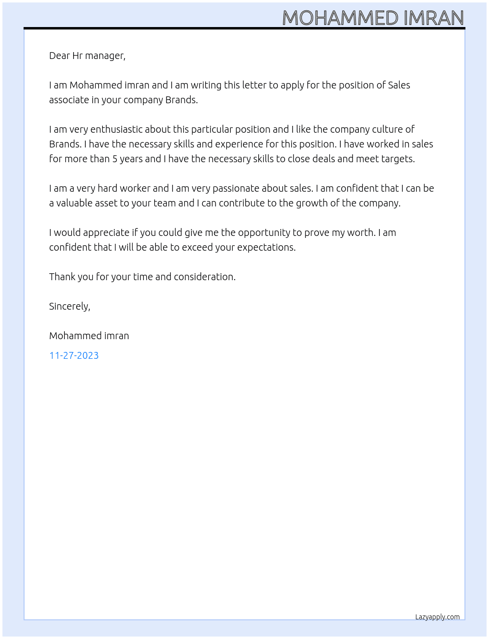Sales associate  At Brands Cover Letter