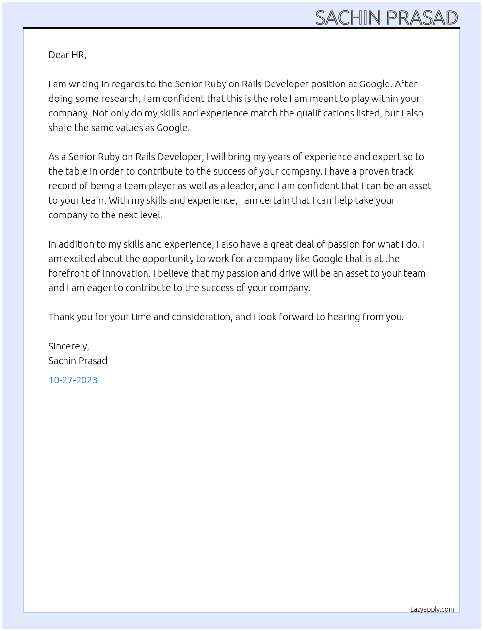 Cover letter for senior ruby on rails developer - LazyApply