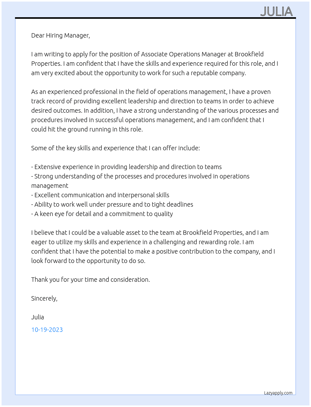 Associate operations manager  At Brookfield Properties  Cover Letter