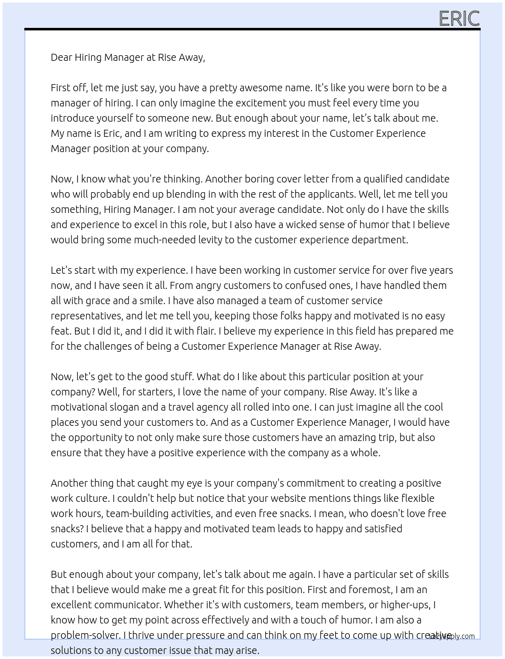 Customer Experience Manager At Rise Away Cover Letter