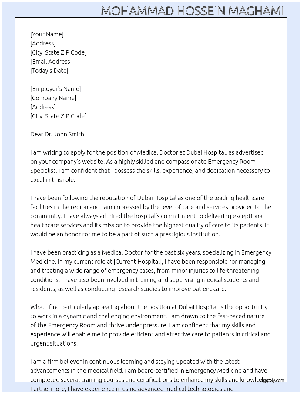 Medical doctor  At Dubai hospital  Cover Letter