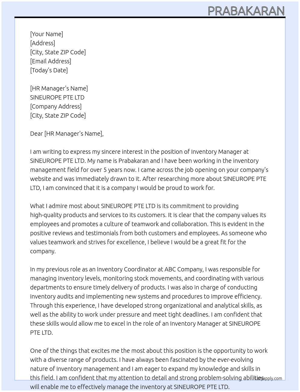 inventory At SINEUROPE PTE LTD Cover Letter