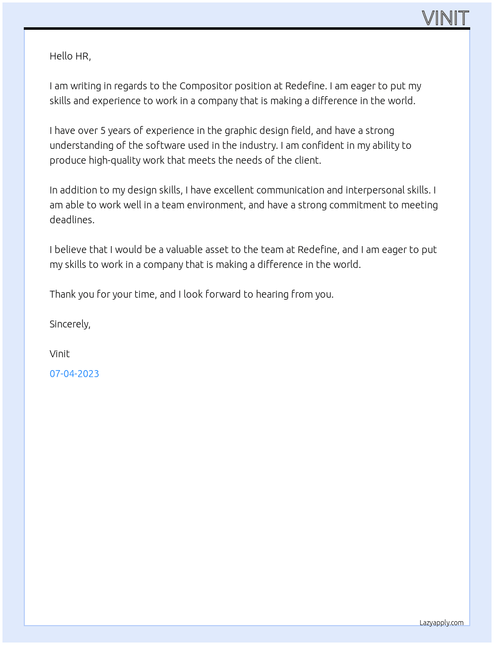 Compositor At Redefine Cover Letter