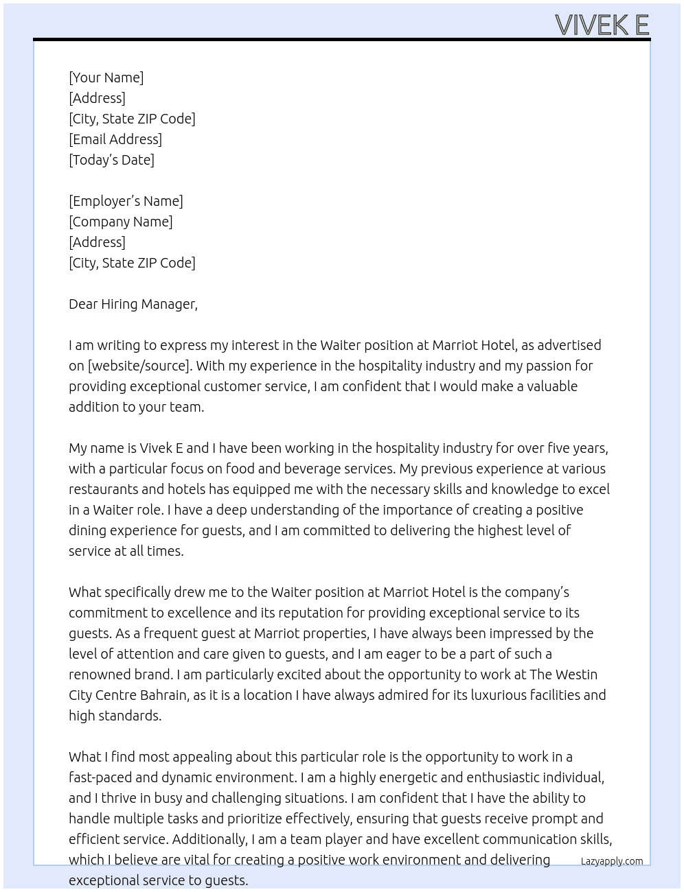 Waiter At Marriot Hotel Cover Letter
