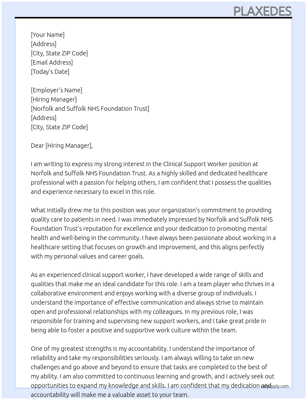 clinical support worker  At Norfolk and Suffolk NHS Foundation Trust Cover Letter