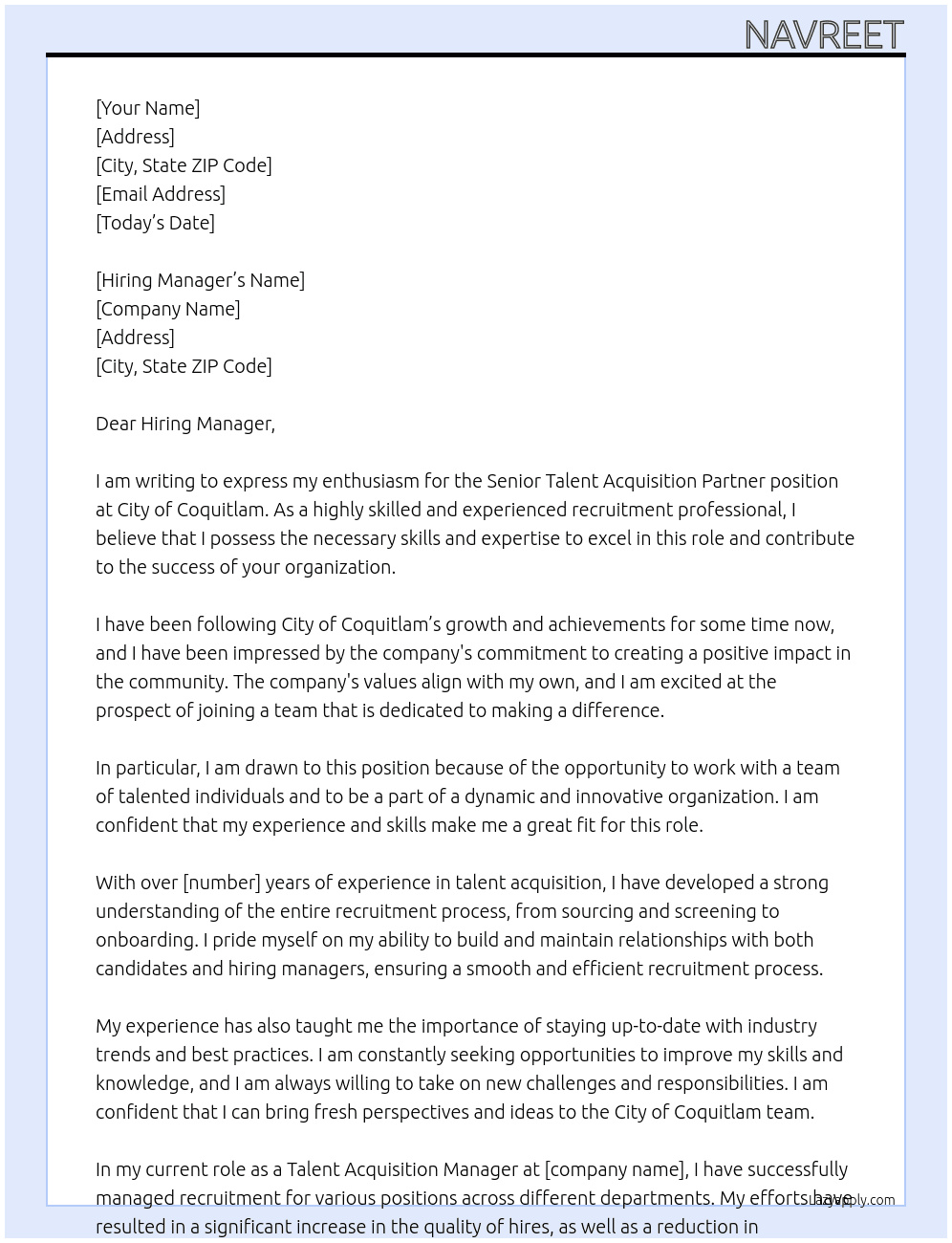 Senior talent acquisition partner At City of Coquitlam Cover Letter