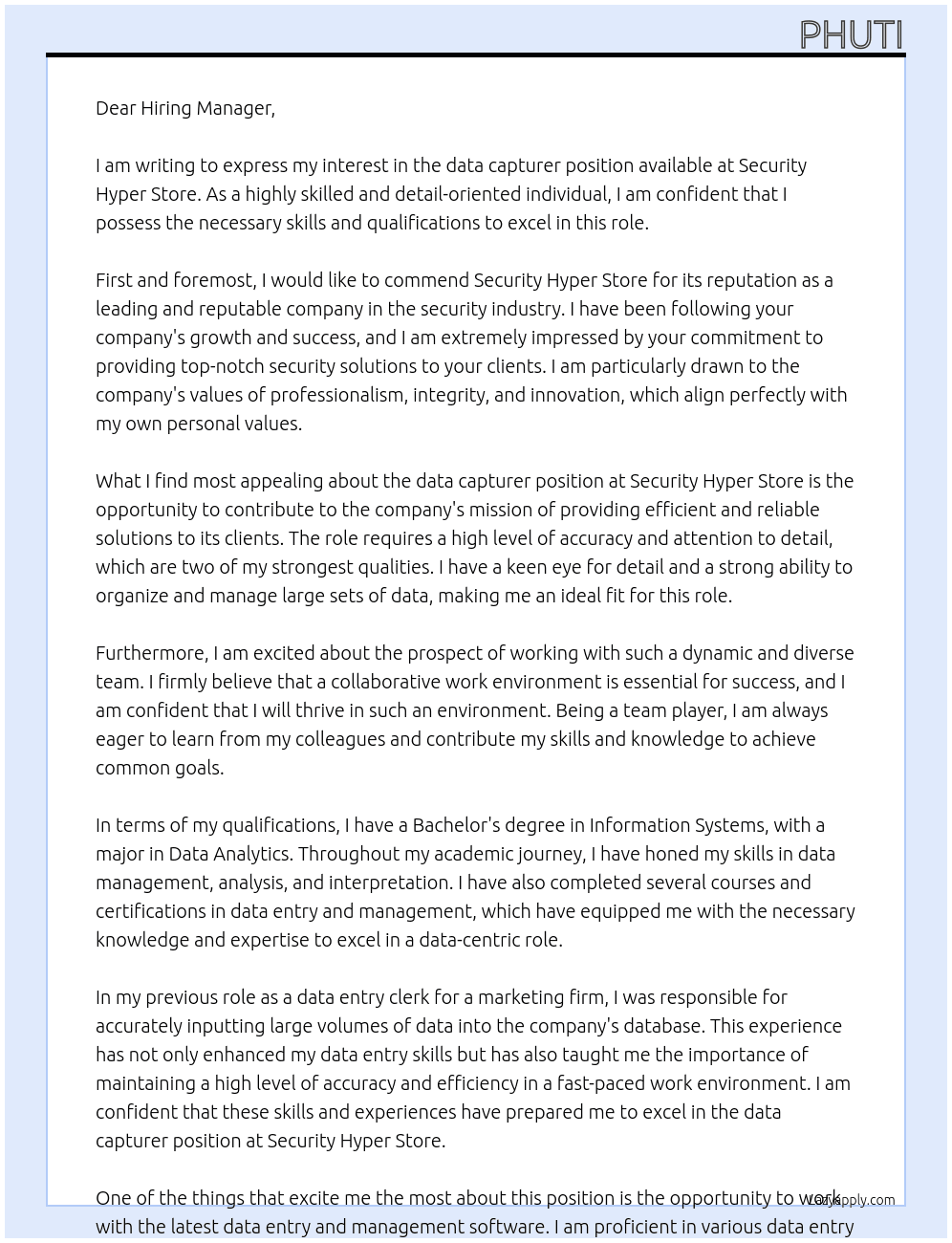 data capturer At security hyper store Cover Letter