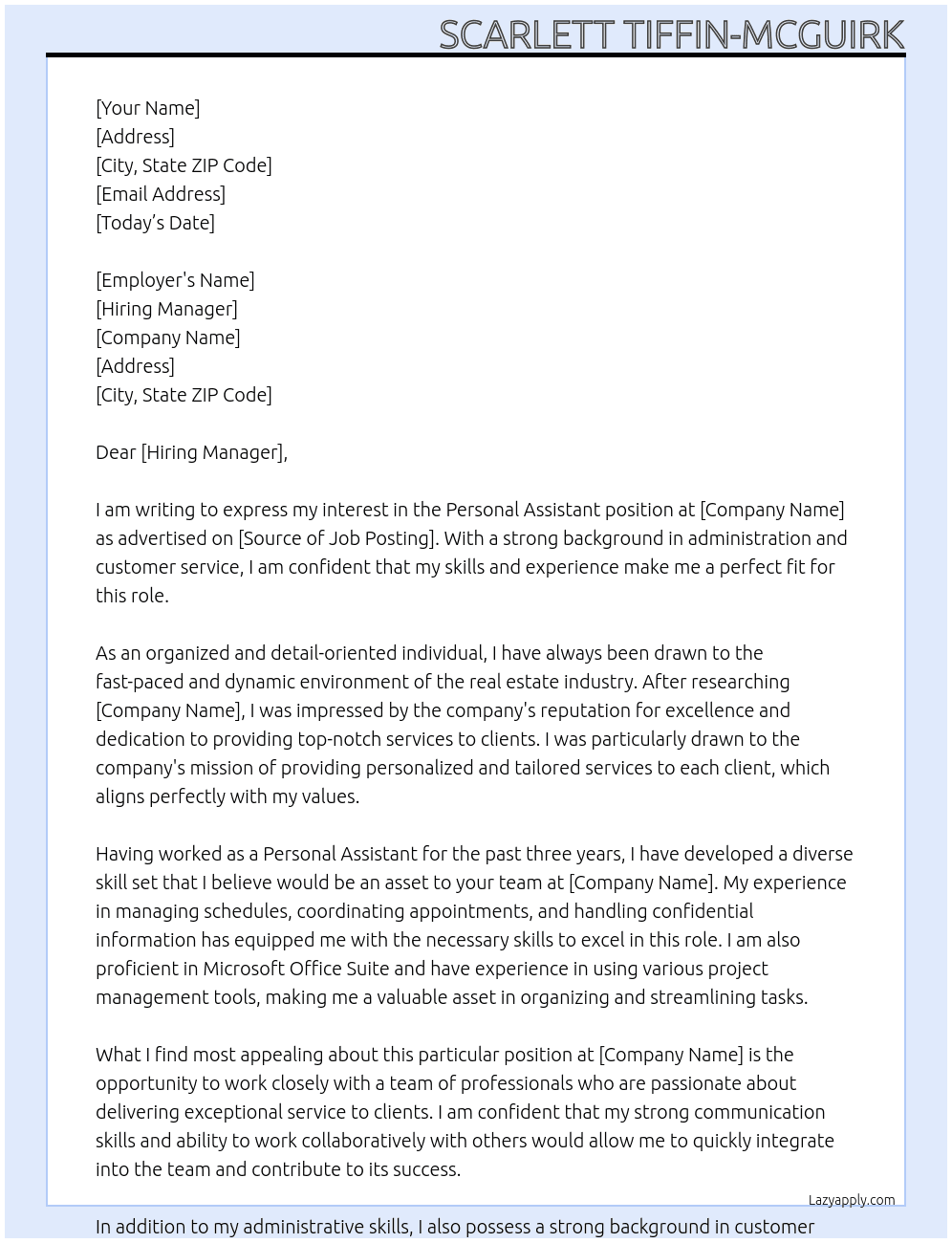 Personal Assitant  At Real estate agency  Cover Letter
