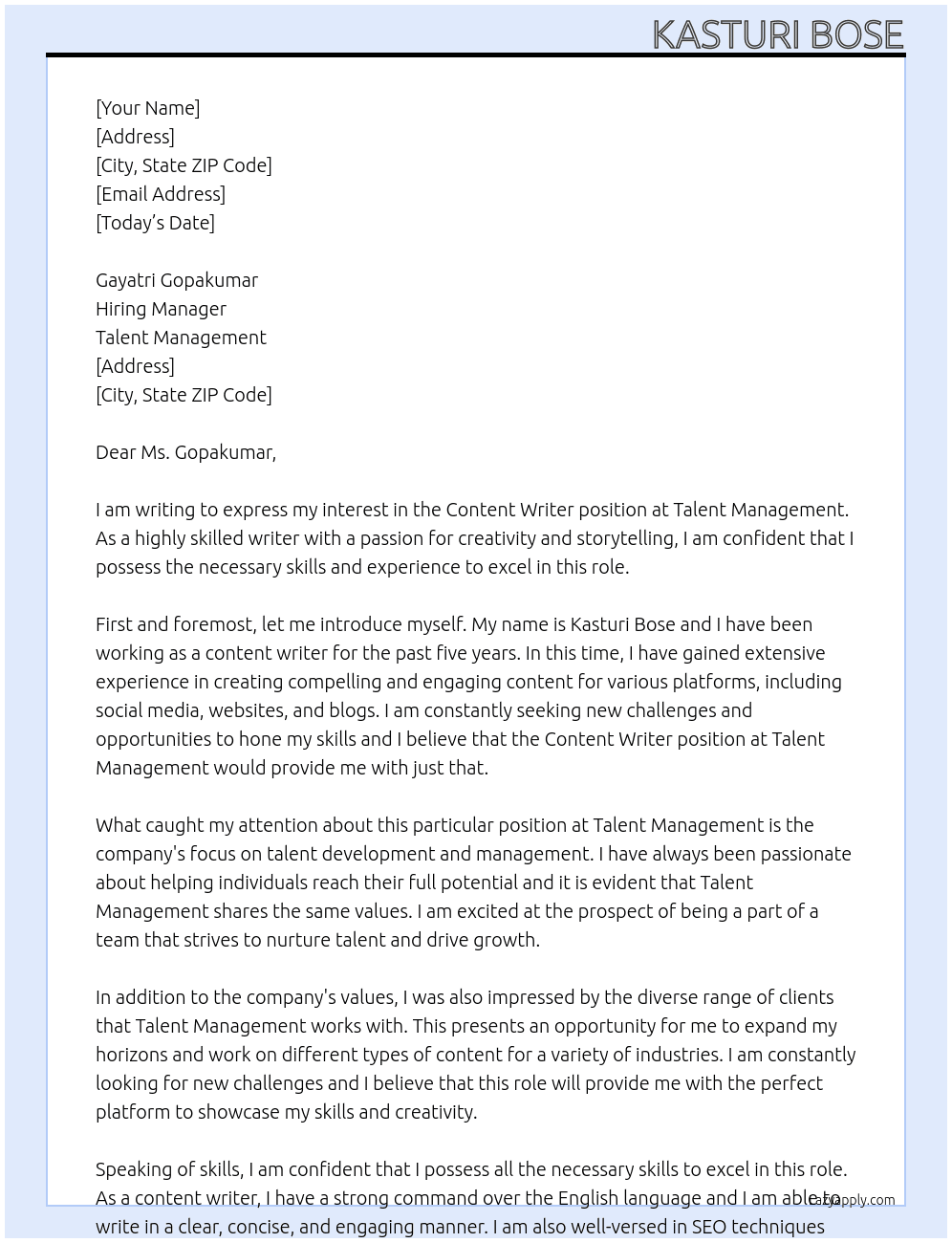 Contetnt Writer At Talent Management Cover Letter