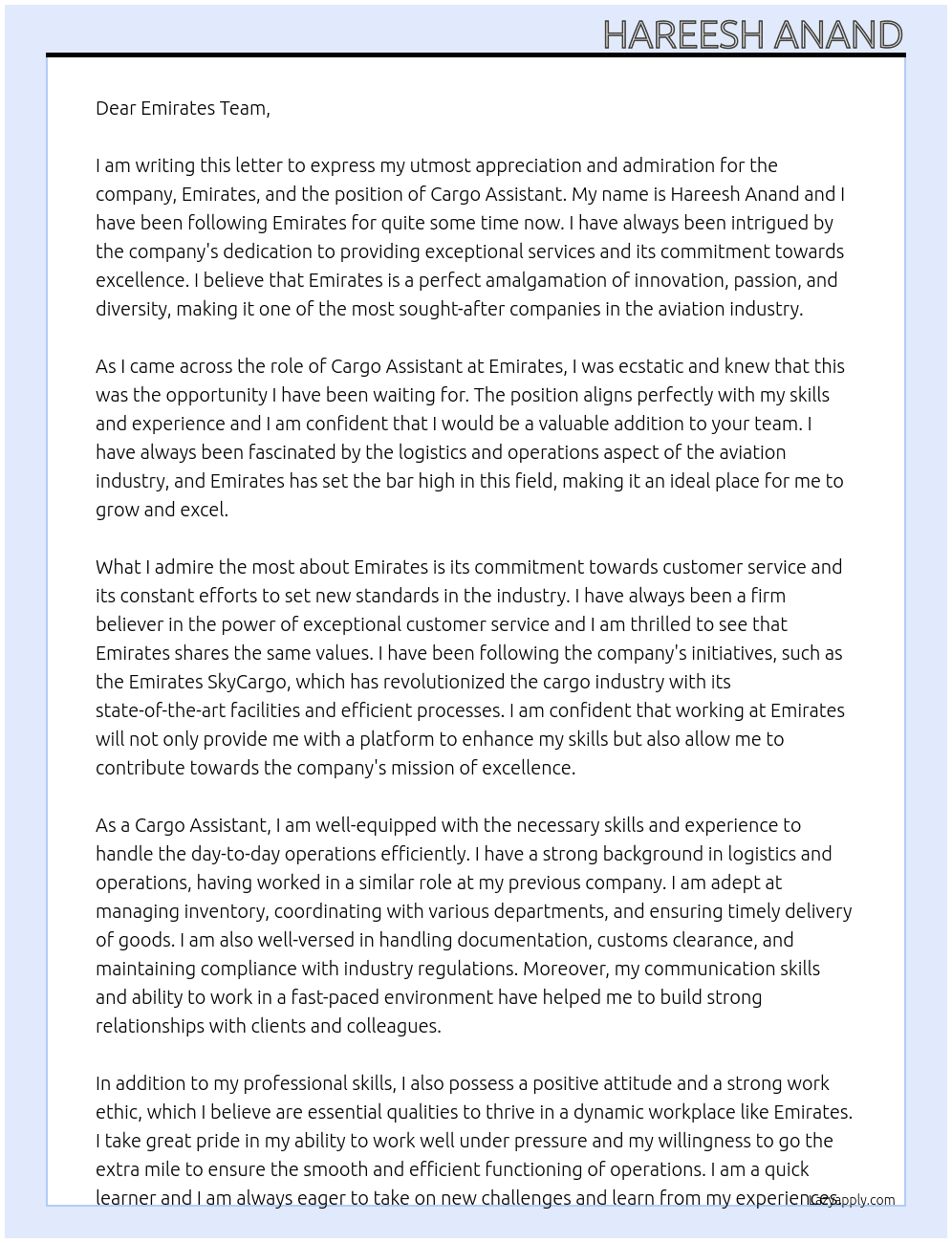 CARGO ASSISTANT At EMIRATES Cover Letter