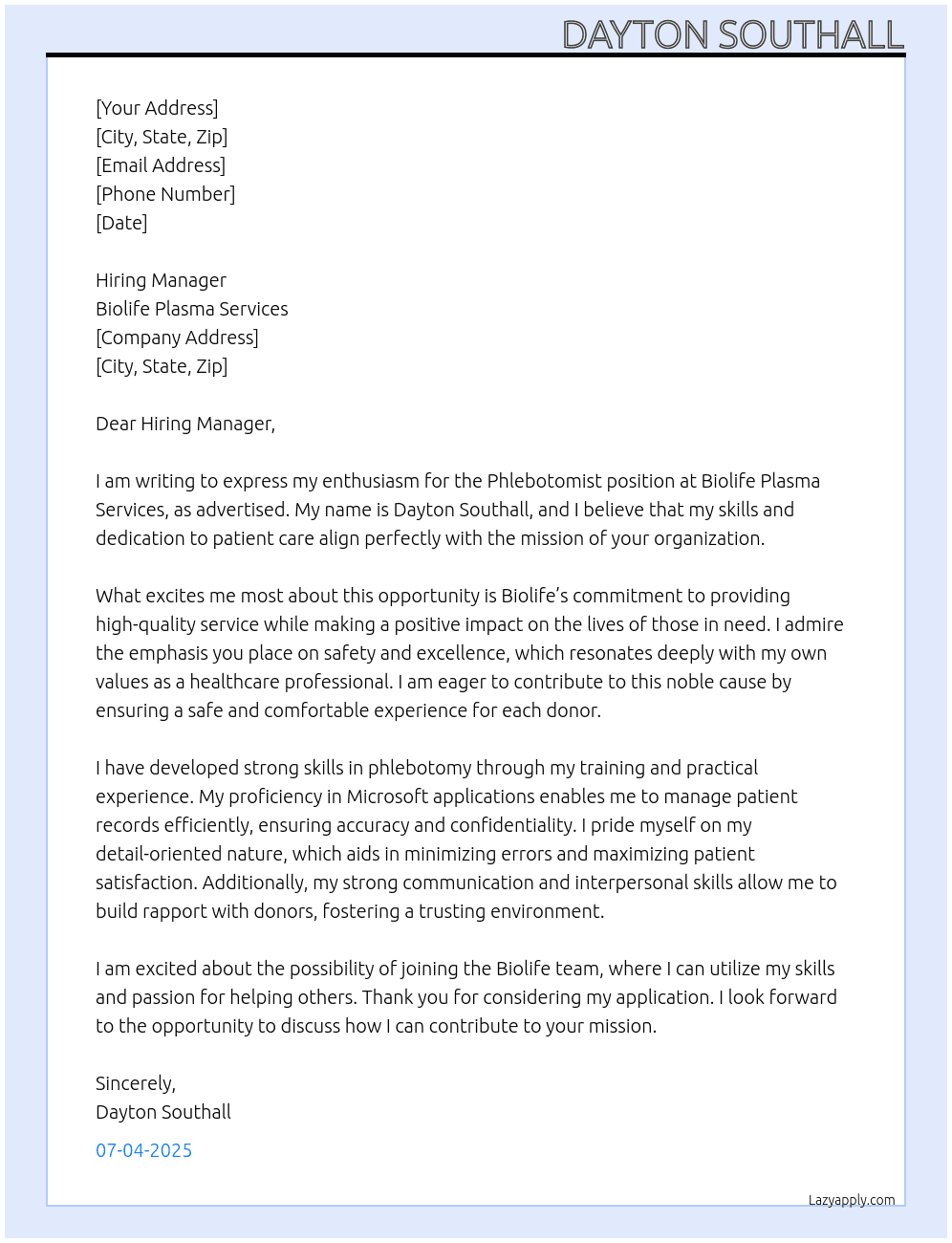 Phlebotomist At Biolife Plasma Services Cover Letter