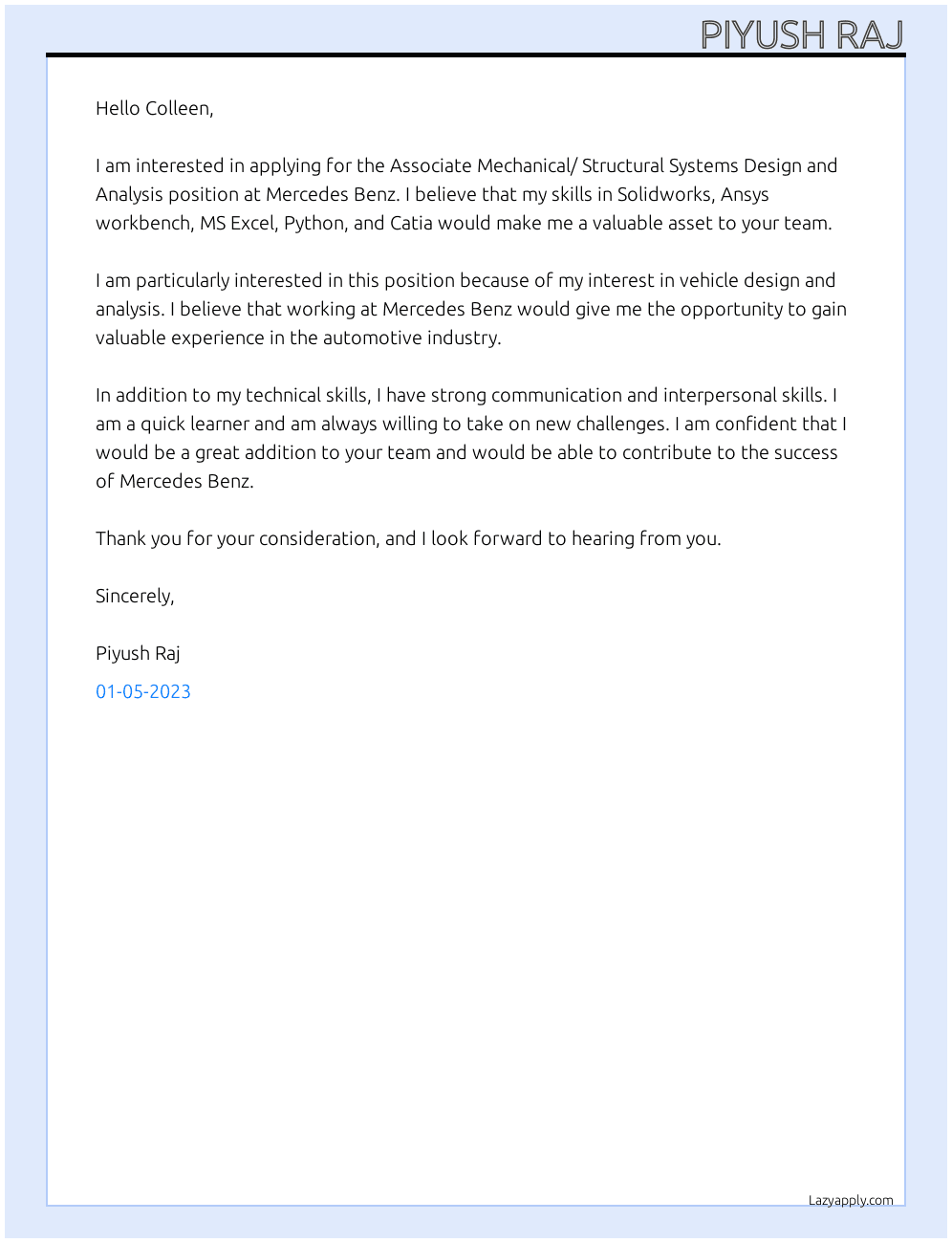 Cover letter for associate mechanical/ structural systems design and analysis - LazyApply