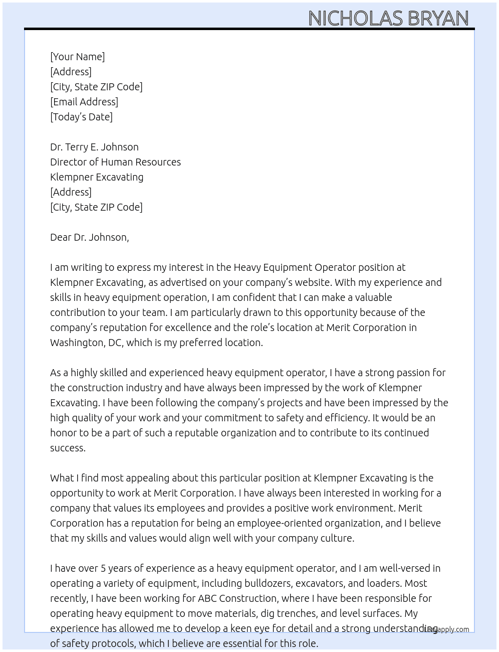 Heavy Equipment Operator  At Klempner Excavating Cover Letter