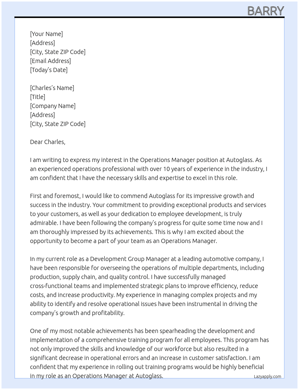 Operations Manager At Autoglass Cover Letter