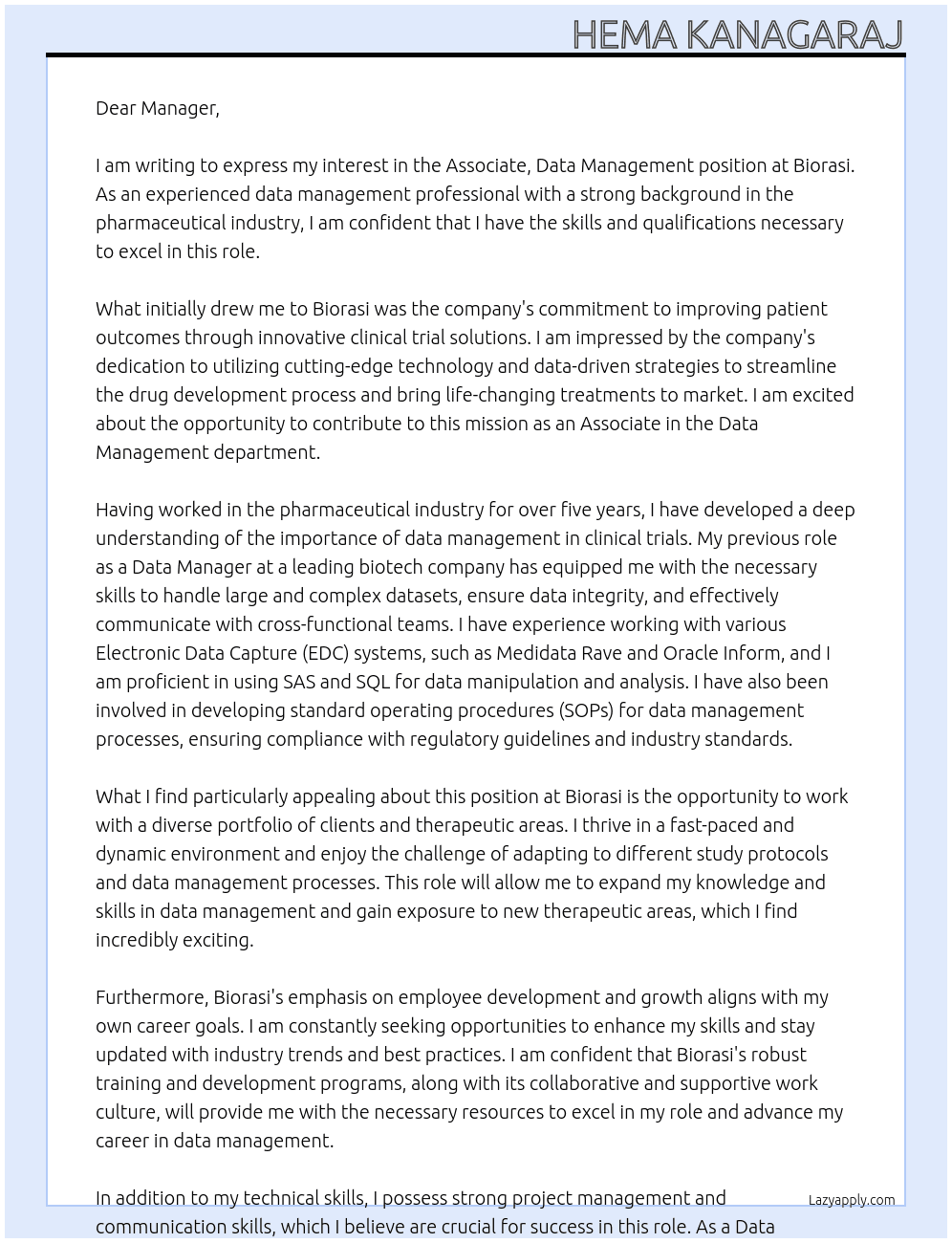 Associate, Data Management At biorasi Cover Letter