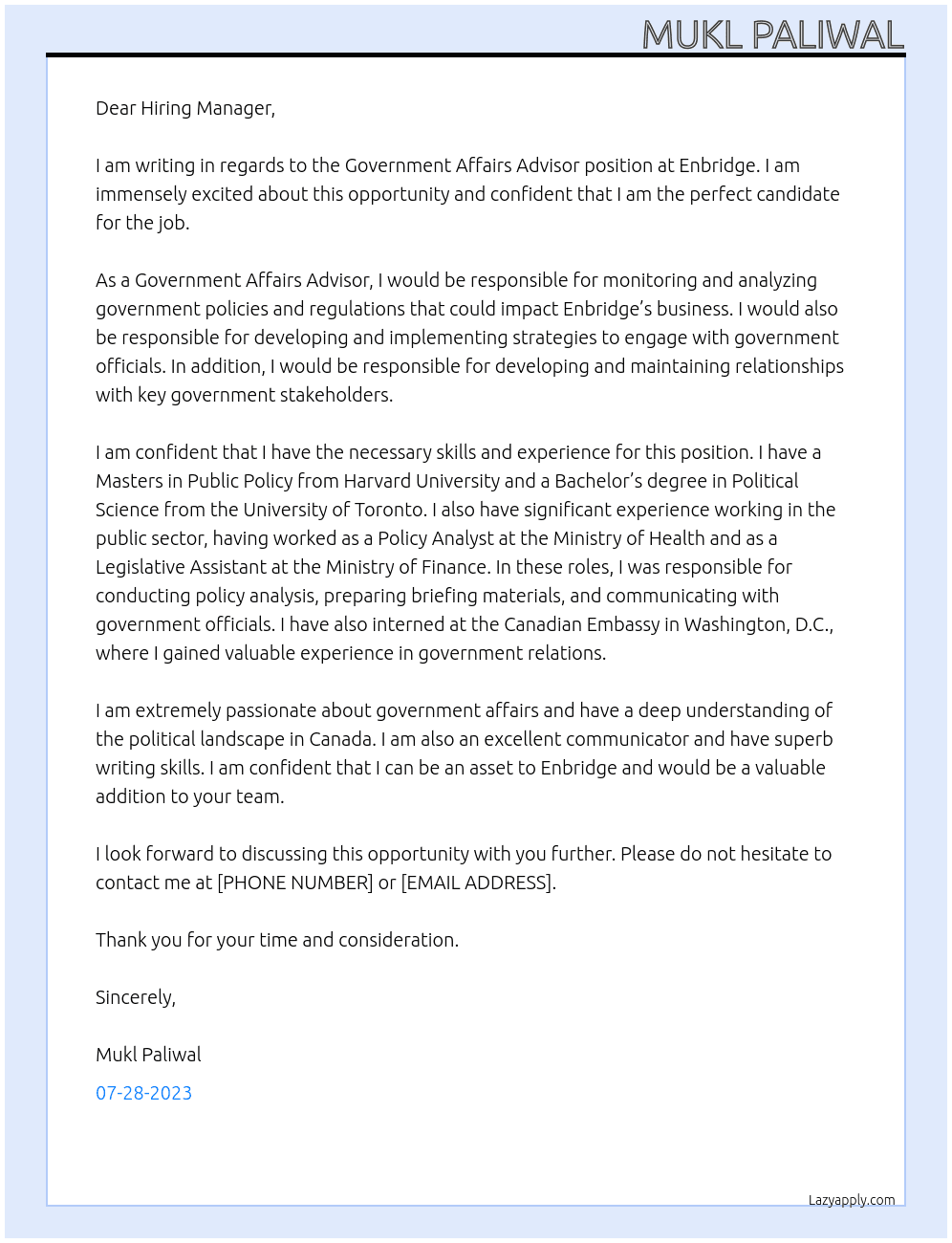 Government Affairs Advisor At Enbridge Cover Letter