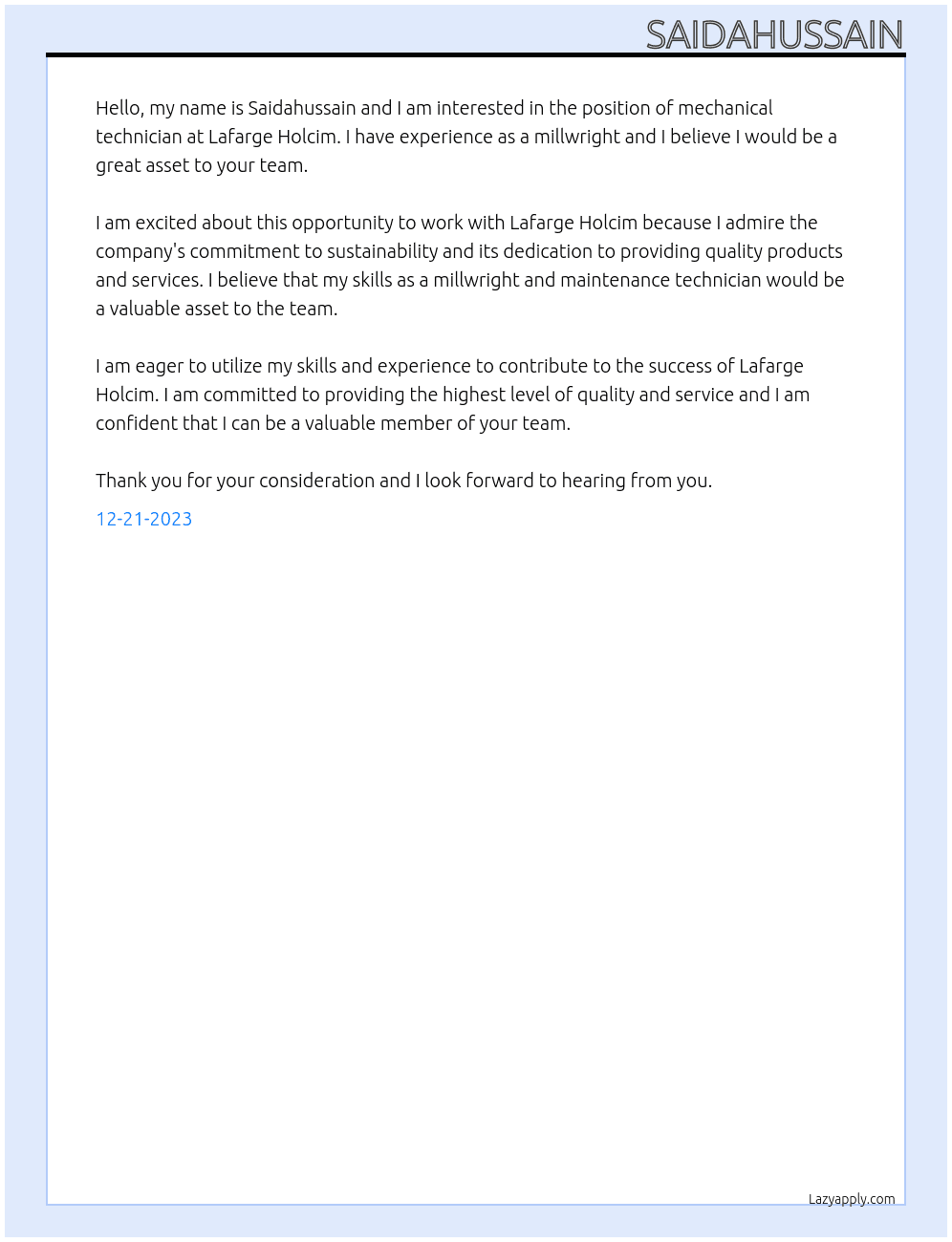 Mechanical technician  At Lafarge Holcim  Cover Letter