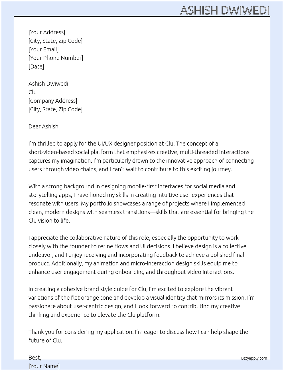 Project Overview:  We are developing Clu, a new short-video-based social platform with a focus on creative, multi-threaded user interactions. The app allows users to create, reply, and build connected chains of video content in a seamless mobile-first experience. Think TikTok with a collaborative twist.  We are seeking a freelance UI/UX designer to transform our conceptual screens and flow into a visually compelling, intuitive, and modern user interface. You will design all screens, states, transitions, and a basic style guide (colors, icons, fonts) ready for prototyping.  Design mobile-first UI for ~9 core screens, including:      Onboarding (Intro, Signup, OTP)      Clu TV feed (public + followed)      Video player with reply features      Video recording/editing experience      User profiles (mine + others)      Statistics dashboard for last video  Create a visual structure for a multi-threaded video reply system  Produce a basic brand style guide (colors, icon styles, typography) based on an existing logo and slogan  Work collaboratively with the founder to clarify flows, transitions, and UI decisions  Deliver assets in Figma, Adobe XD, or similar format  Must-Have Skills:      Proven experience designing social media, video, or storytelling apps      Strong portfolio in mobile-first UI/UX      Fluency in modern design trends (flat, minimal, smooth transitions)      Ability to design for both guest and signed-in user experiences      Creative thinking around threaded or multi-path content interactions  Animation/micro-interaction design skills (for onboarding, loading states, transitions)  Understanding of user privacy and guest access UX  All app screens in design tool of your choice  Brand style guide (colors, typography, UI components)  User flow overview (optional: user journey map or clickable prototype)  Deliverables:      All app screens in design tool of your choice      Brand style guide (colors, typography, UI components)      User flow overview (optional: user journey map or clickable prototype)  Timeline:      Kickoff: ASAP      Initial draft screens: within 10–14 days      Final delivery with revisions: within 3 weeks  How to Apply:  Send your:      Portfolio or sample work      Estimated timeline and rate      One example of a mobile UI you're proud of and why  Details: 1- Check the attached file 2- Use the provided Clu logo and slogan as the foundation of the visual identity. While a flat orange is the preferred base color, the designer is encouraged to propose variations of this tone that align with modern UI aesthetics. Typography has been selected and will be shared. A full brand style guide, including visual tone, color palette, button styles, icons, and typography usage rules, should be developed to ensure consistency across all app screens. 3- Clu TV consists of two scrollable sections: the public feed and the “following” feed (only populated when followed users have posted videos). Videos autoplay silently as users scroll and unmute on tap. Video cards should remain visually clean, without engagement counters or overlays, to keep attention on content. 4- The “Add Your Clu” function allows users to record a 30-second video as a direct reply to an existing video. This forms a multi-dimensional threaded structure, where each reply becomes a new node linked to the original or a previous reply. Visual UI must clearly reflect the branching nature of replies while allowing intuitive navigation across the Clu chain. 5- After video capture, the user enters the editing screen to preview the Clu in a looping format. The screen includes a face-blurring toggle and a video trimming tool to adjust the duration within the 30-second limit. Users can preview their changes before tapping the publish button. 6- The Live Clu Monitoring screen is accessible only to the video owner and displays the last posted video on loop. Key performance metrics are shown prominently: total views, follower conversions, reply count, and shares across social platforms. This screen does not allow real-time interaction or editing—its purpose is to inform the creator of the post’s impact. At clu Cover Letter