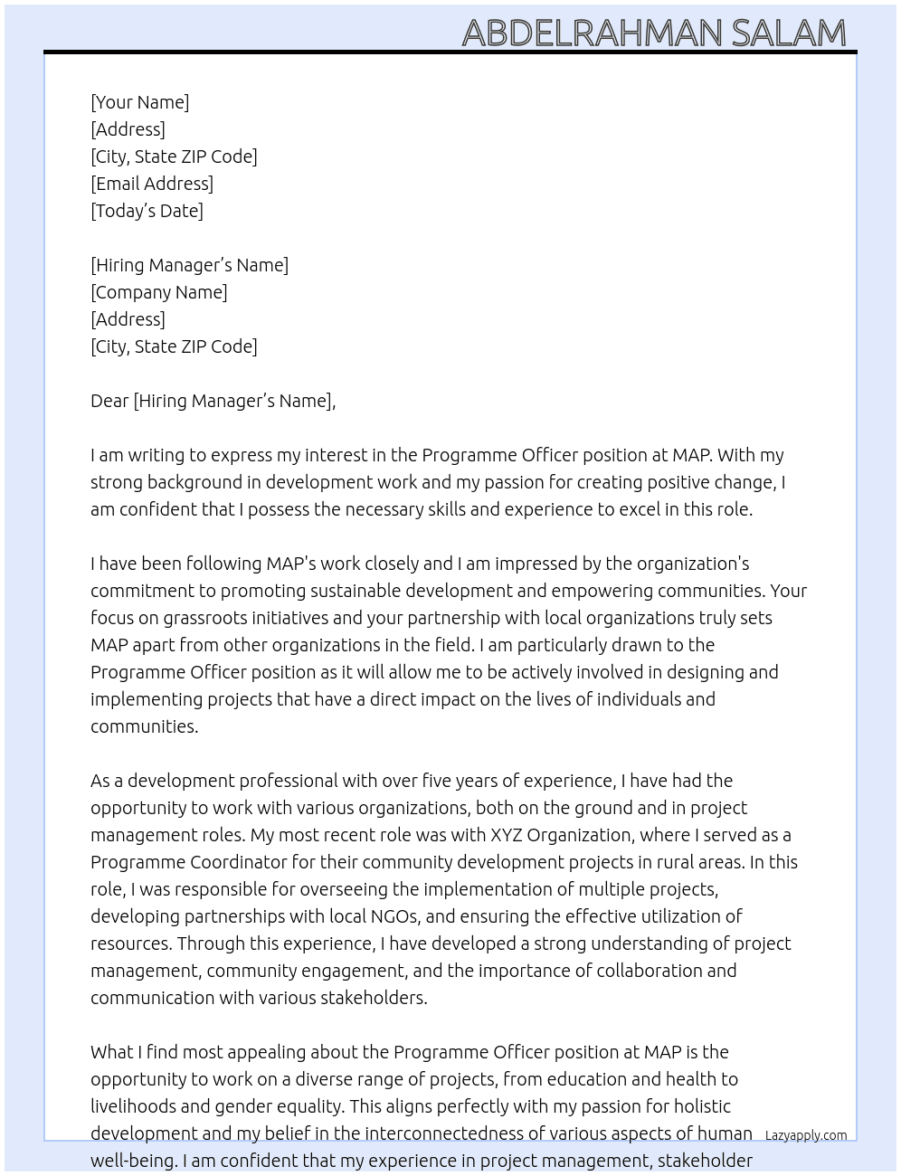 Programme Officer At MAP Cover Letter