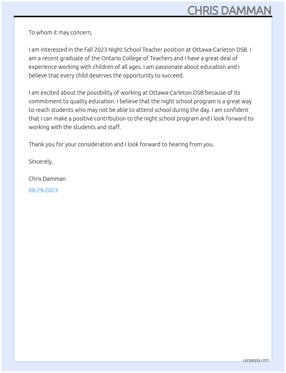 Fall 2023 Night School Teacher At Ottawa-Carleton DSB Cover Letter