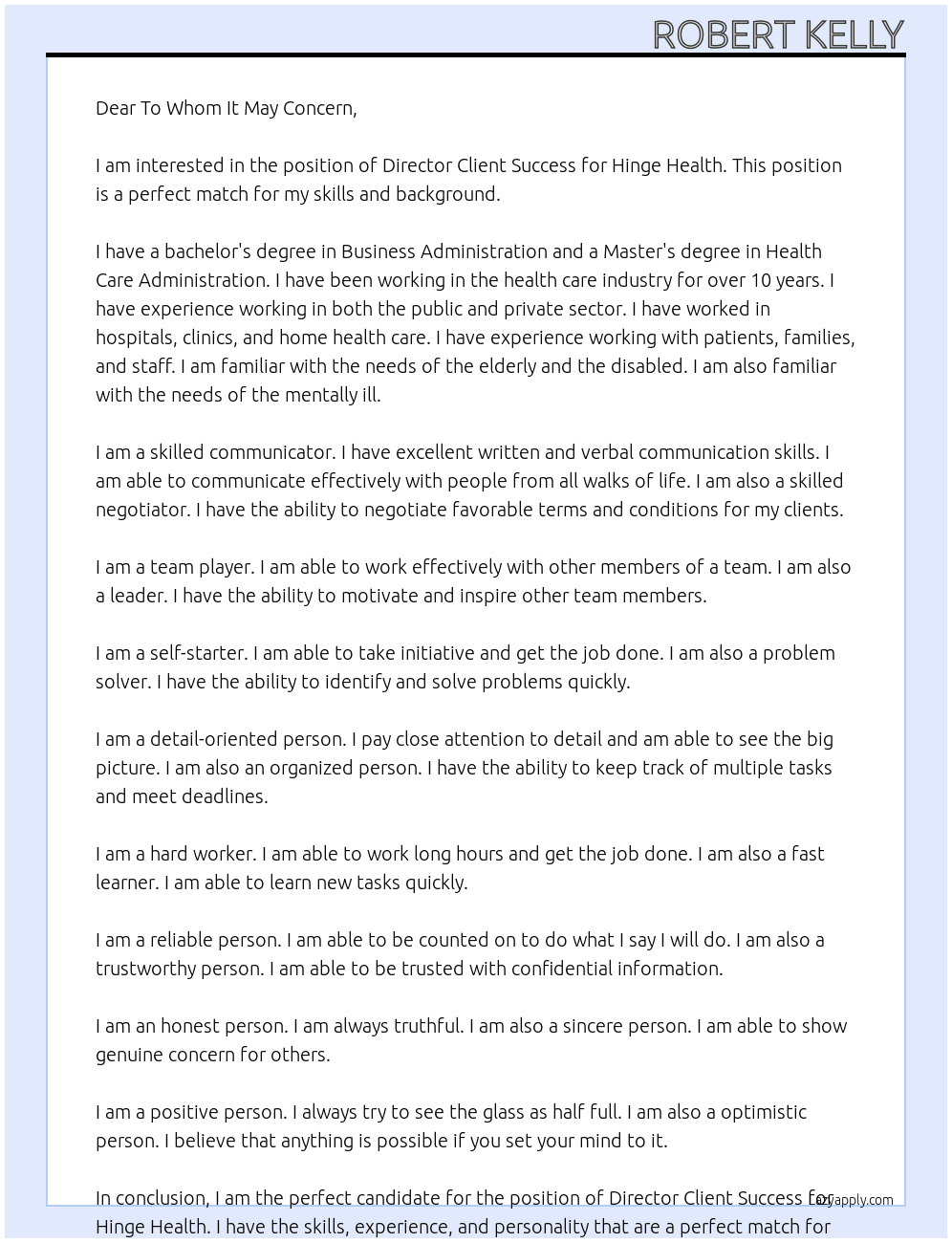 Director Client Success At Hinge Health Cover Letter