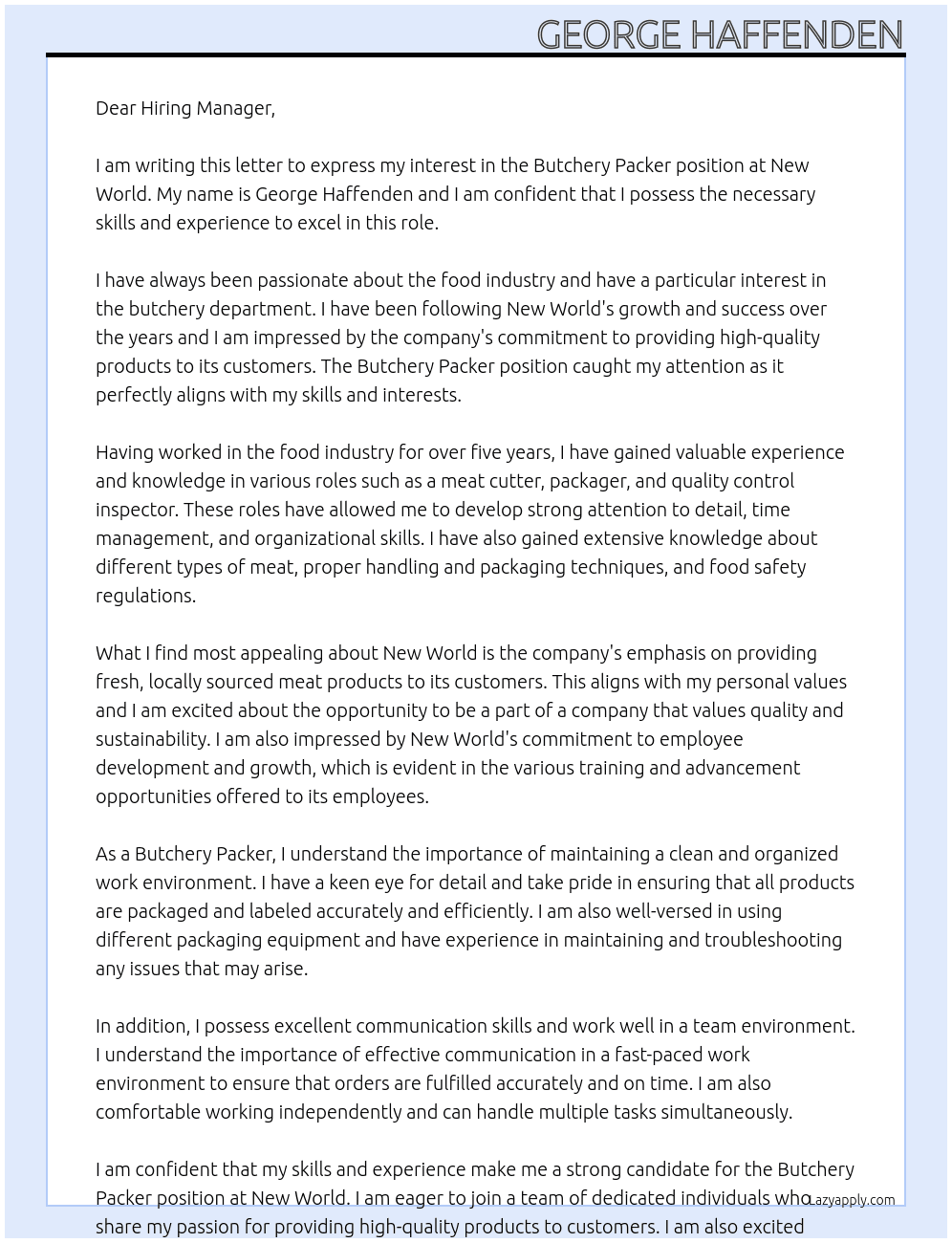 Butchery Packer At New world Cover Letter
